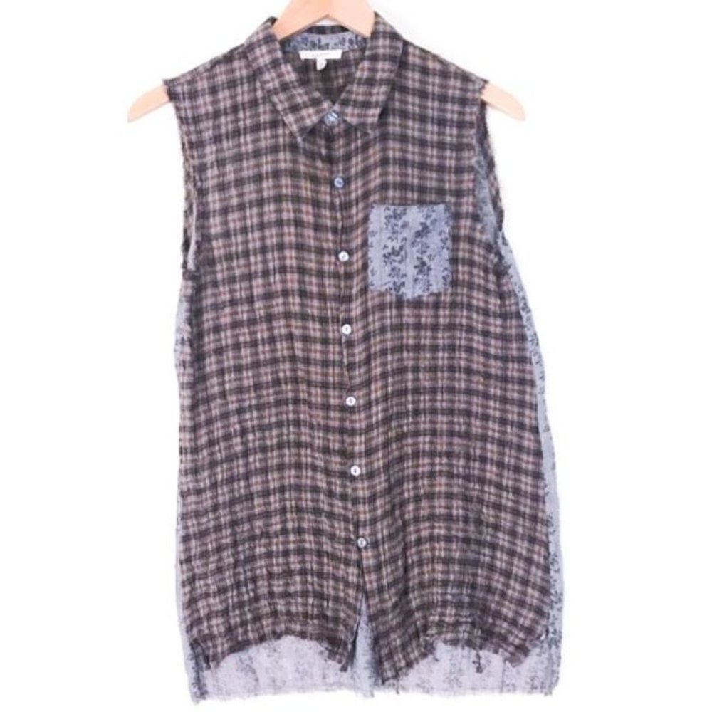 Sleeveless lightweight plaid and floral western vibe boyfriend shirt Size Small - Picture 2 of 9